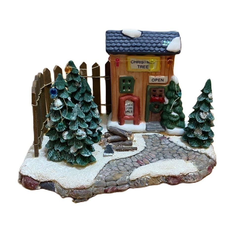 Vintage Cobblestone Corner Christmas Village Tree Seller Scene Ceramic